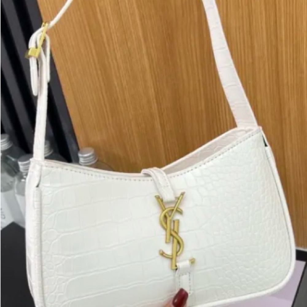 Fashion White ParisLe 5 a 7 Croc Embossed Shoulder Bag with Gold Mono Accents